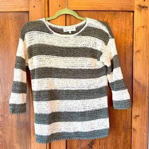Sweater. 3/4 sleeves. Sage and cream striped.